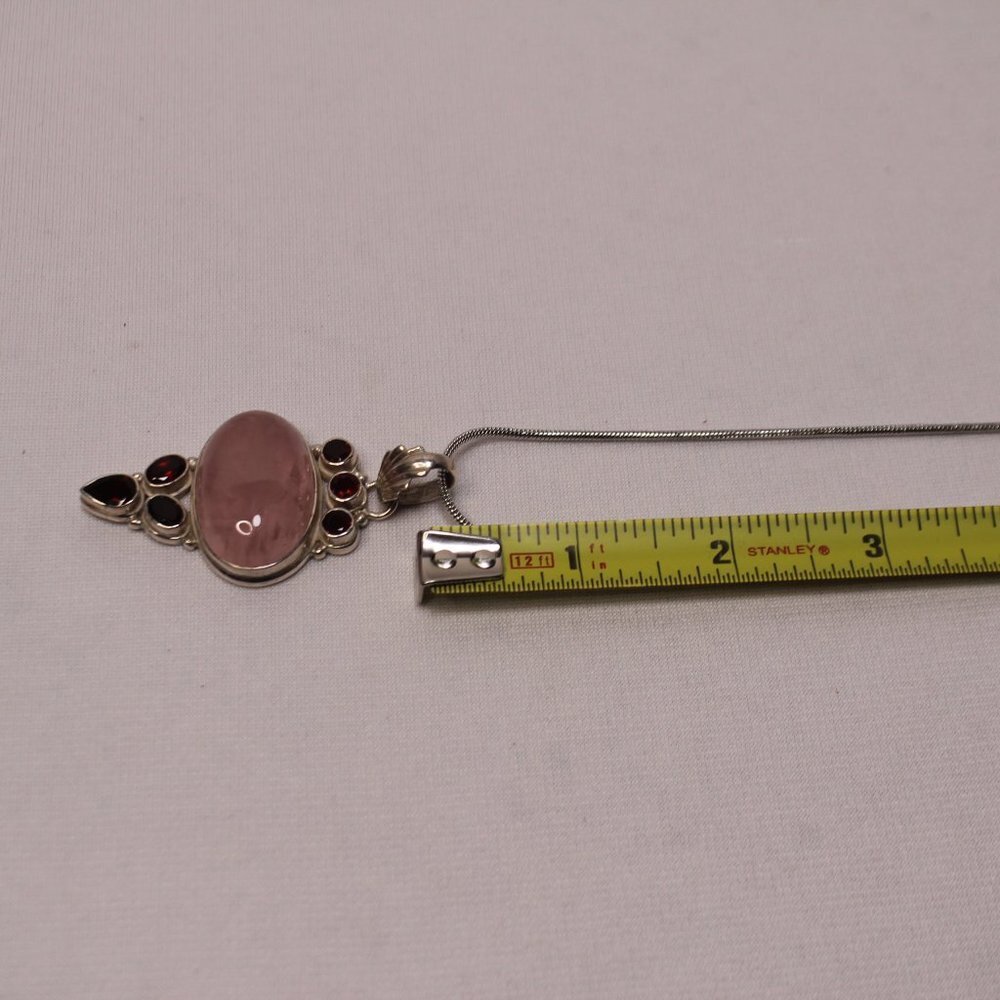 Sterling Silver Rose Quartz Gemstone and Red Glass Stone Necklace - Picture 11 of 13